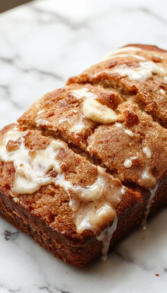 A freshly sliced loaf of moist banana bread topped with walnuts on a rustic wooden table.