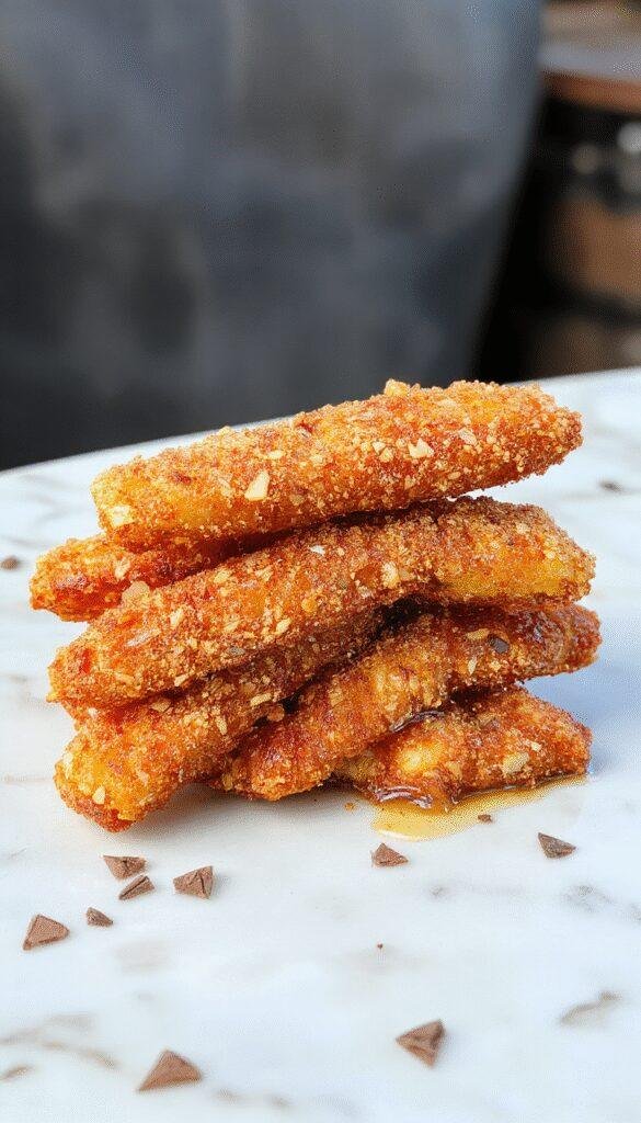 Golden apple sticks dipped in crispy coating, air-fried to perfection with a side of caramel sauce.