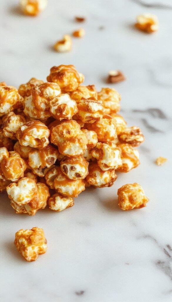 A bowl of caramel corn topped with crunchy nuts and colorful fall leaves background, capturing the festive autumn flavor.