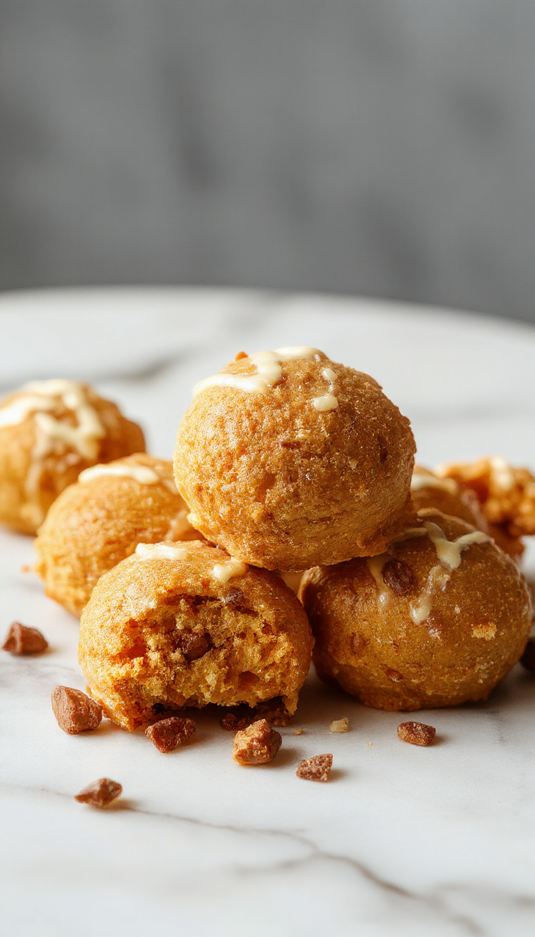 A close-up of creamy pumpkin cheesecake truffles coated in smooth chocolate with sprinkles of crushed nuts, displayed on a decorative plate.