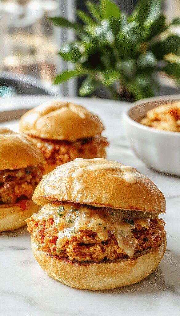 A plate of Bang Bang Chicken Sliders topped with spicy mayo and fresh herbs, arranged beautifully on a wooden serving board.