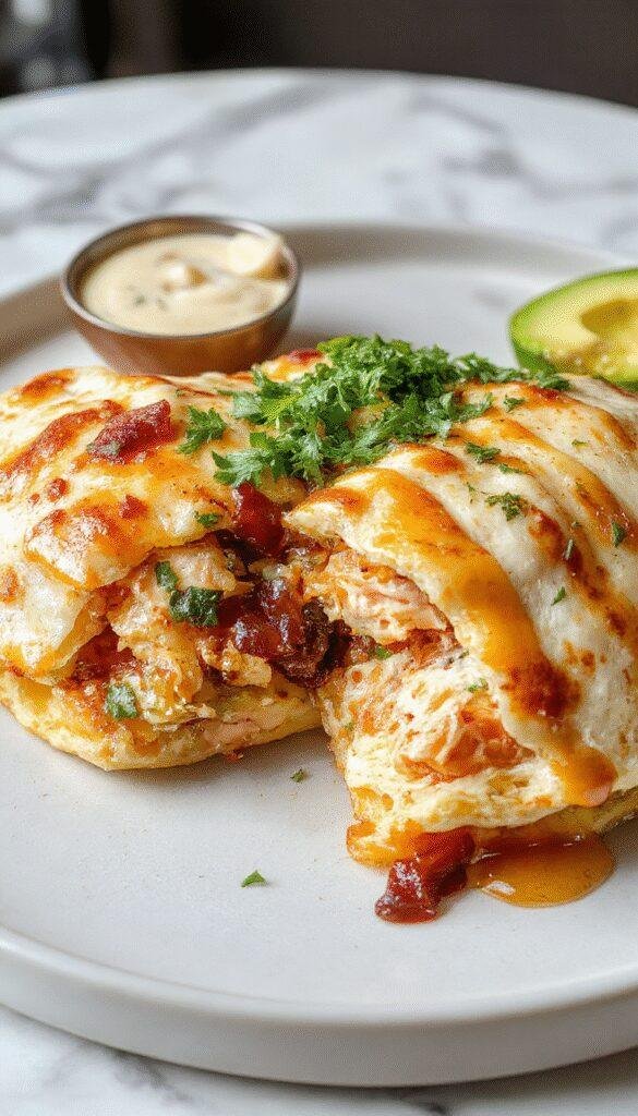 Golden quesadillas filled with crispy bacon, tender grilled chicken, melted cheese, and a spicy ranch sauce drizzle