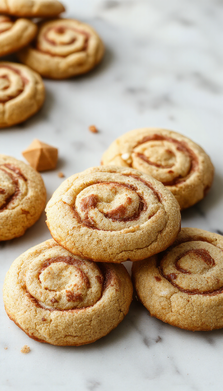 A plate of warm, golden Blissful Cinnamon Swirl Cookies with swirled cinnamon filling, displayed on a rustic wooden table with a cozy background.