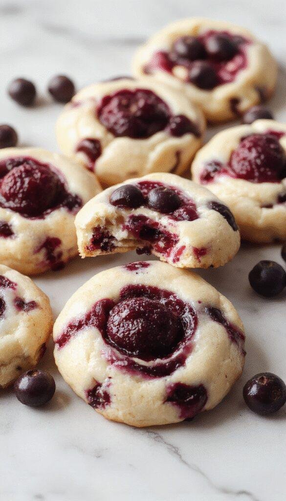 Golden blueberry cheesecake swirl cookies with vibrant blue and creamy white swirls on a white plate.