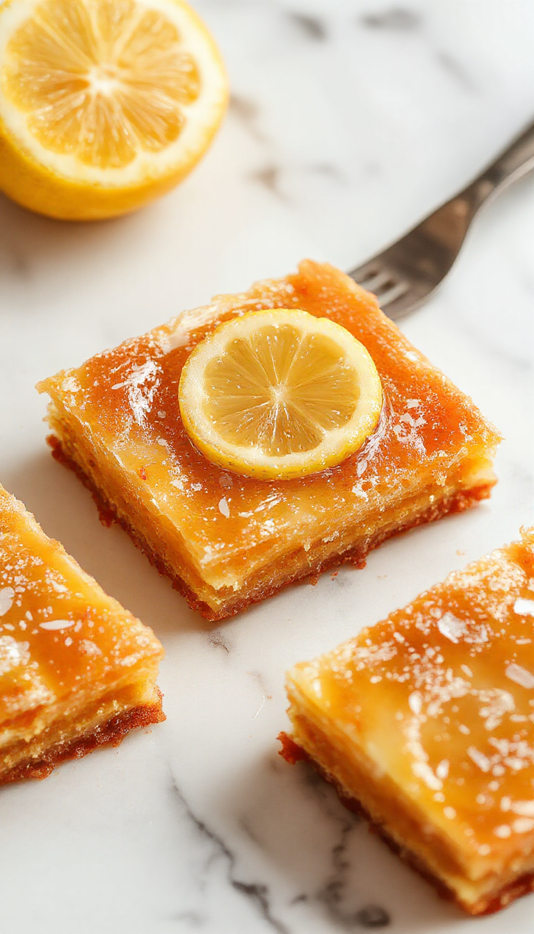 A plate of bright and tangy lemon squares with a golden crust, topped with a sprinkle of powdered sugar and a lemon wedge garnish.