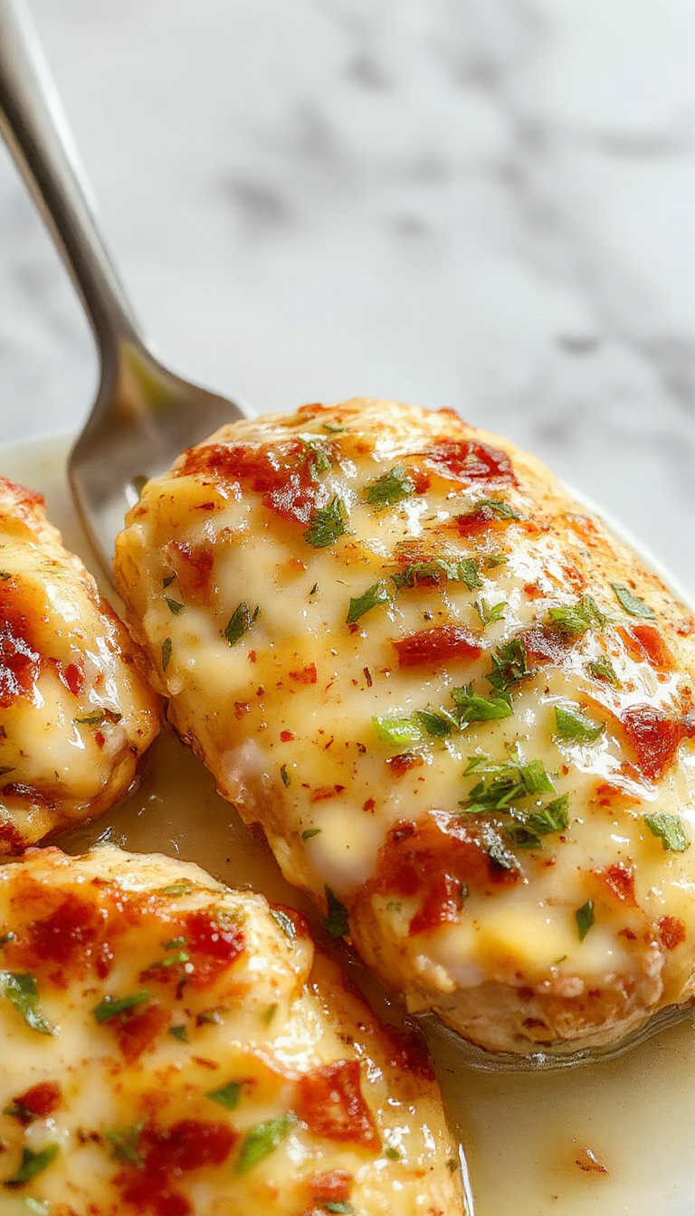 A skillet filled with golden, tender creamy chicken topped with herbs and served alongside fresh vegetables, showcasing a comforting homestyle meal.