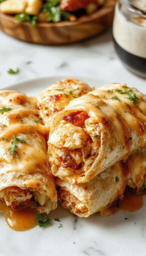 Close-up of cheesy garlic chicken wraps with melty cheese, fresh herbs, and crispy wrap exterior on a serving plate.