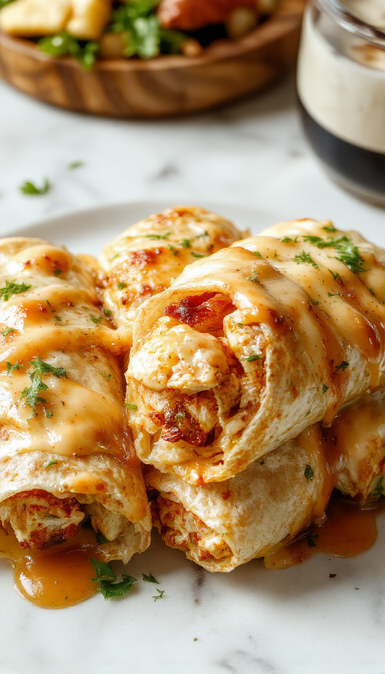 Close-up of cheesy garlic chicken wraps with melty cheese, fresh herbs, and crispy wrap exterior on a serving plate.