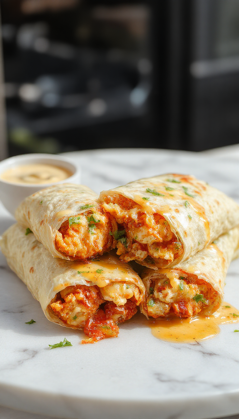Juicy chicken wraps filled with melted cheese, crispy garlic seasoning, and fresh greens, rolled in a warm tortilla.
