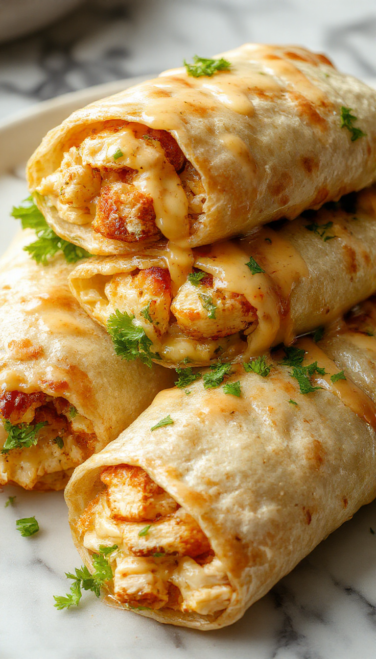 A close-up of cheesy garlic chicken wraps sliced open to reveal melted cheese, crispy chicken pieces, and fresh vegetables inside a tortilla.