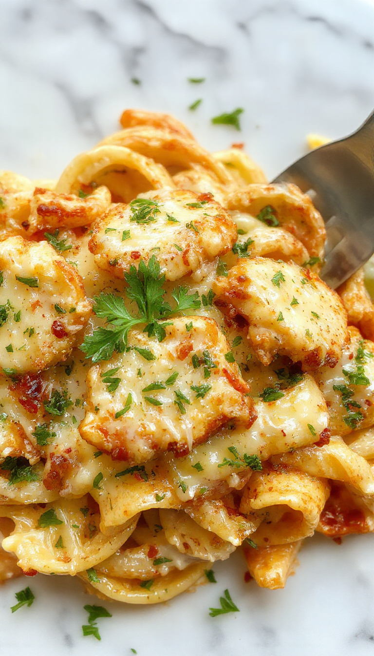 A plate of Cheesy Parmesan Chicken Pasta showcasing tender chicken pieces, al dente pasta, melted cheese, and freshly grated parmesan on top.