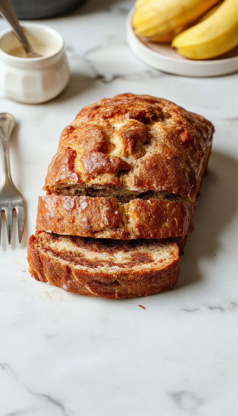 A warm loaf of cinnamon swirl banana bread sliced open, revealing a delicious cinnamon spiral inside, with bananas and cinnamon sticks nearby.