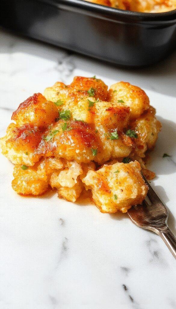 A hearty Tater Tot Bake layered with crispy tots, melted cheese, and savory fillings in a baking dish, ready to serve a family meal.