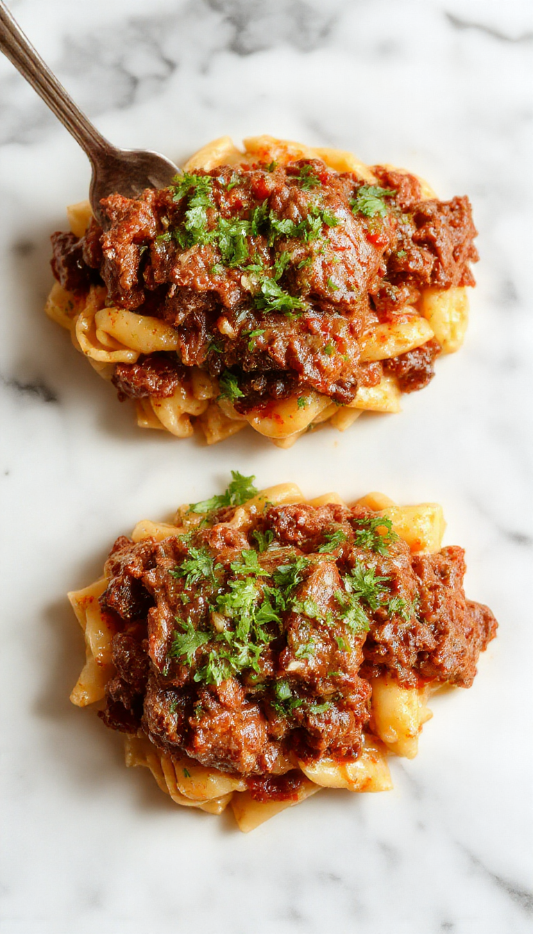 A warm bowl of Cozy Ground Beef & Orzo featuring seasoned ground beef mixed with tender orzo pasta, topped with fresh herbs in a rustic setting.