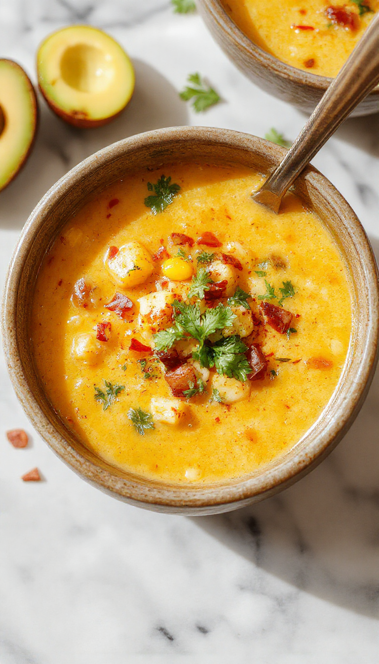 A creamy bowl of Mexican street corn soup topped with crumbled cheese, fresh cilantro, and chili powder, served with a side of mexcian bread slices.