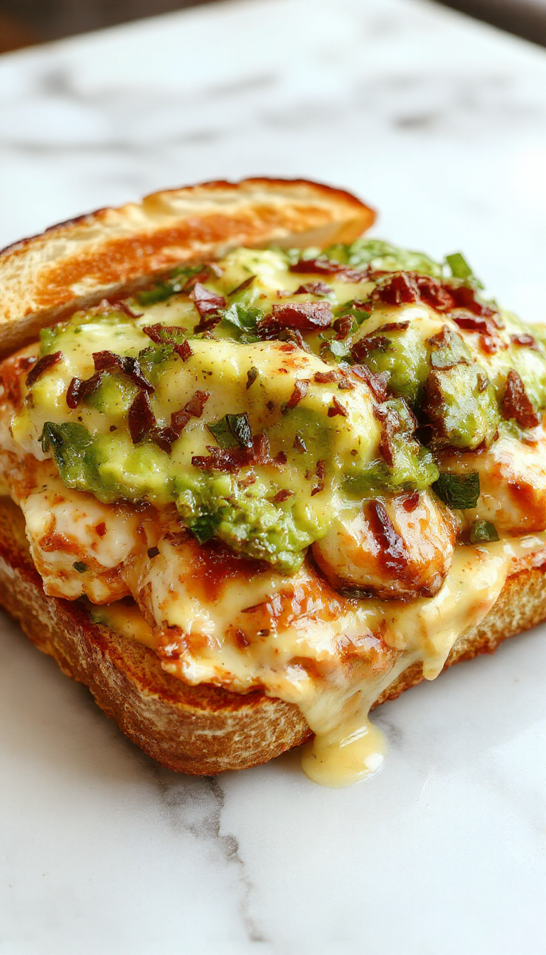 A delicious Creamy Avocado Chicken Melt sandwich with melted cheese, fresh avocado slices, and crispy toasted bread, garnished with herbs.