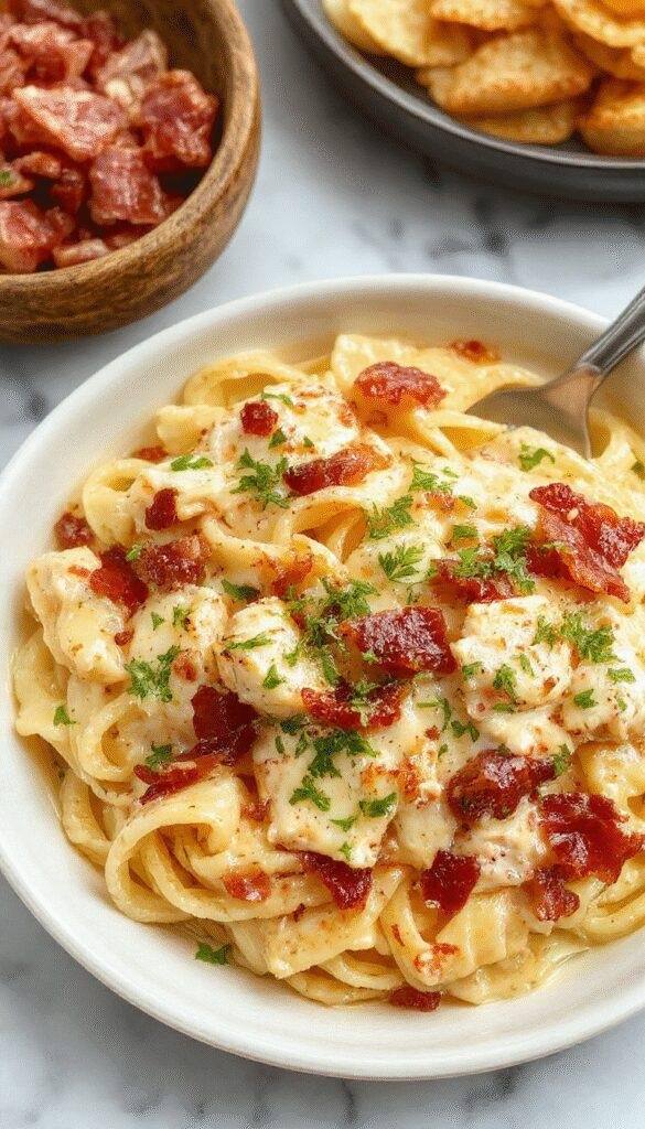 A delicious plate of creamy chicken bacon ranch pasta garnished with herbs and served with a side of garlic bread.