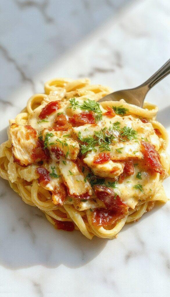A bowl of creamy chicken bacon ranch pasta topped with chopped herbs and crispy bacon bits