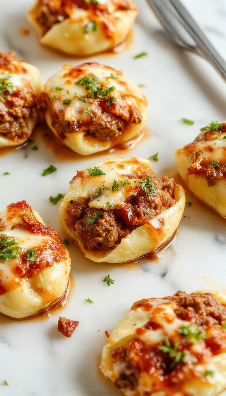 A close-up of baked creamy beef and ricotta stuffed pasta shells topped with melted cheese and fresh herbs, ready to serve.