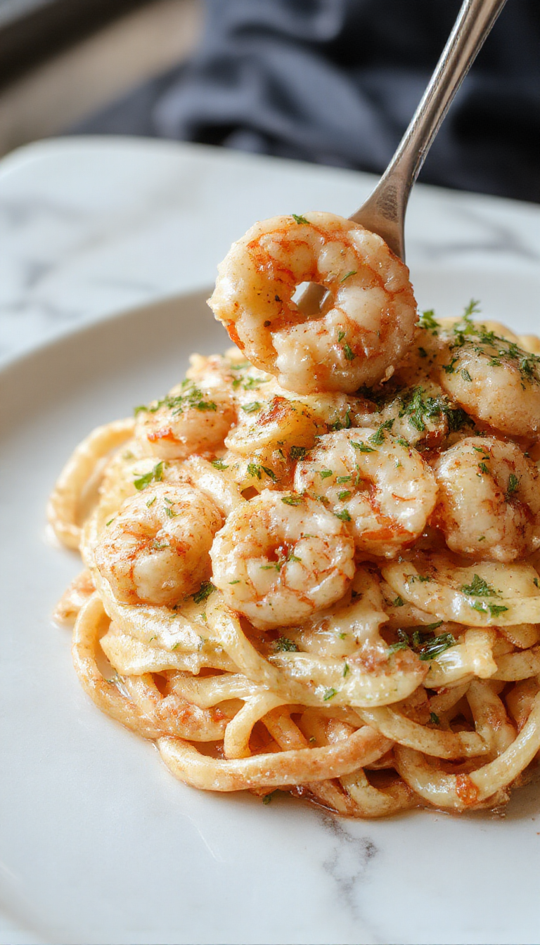 A plate of creamy garlic shrimp pasta garnished with fresh parsley and lemon wedges, showcasing tender shrimp and rich sauce.