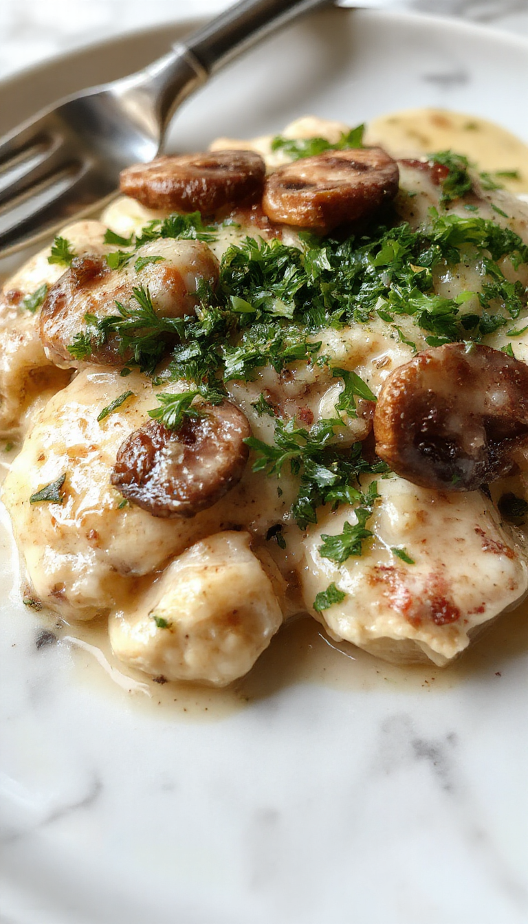 A plate of creamy mushroom chicken garnished with fresh herbs, served alongside mashed potatoes and steamed vegetables, showcasing a rich, velvety sauce.