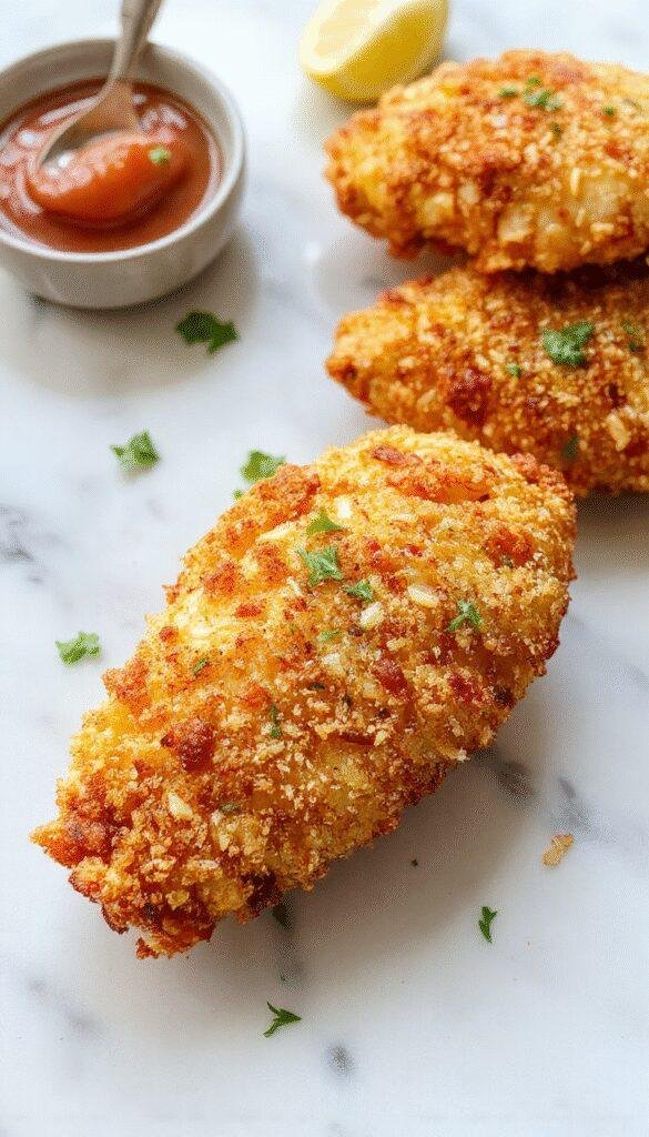 Golden crispy baked chicken tenders arranged on a white plate with dipping sauces, garnished with fresh herbs