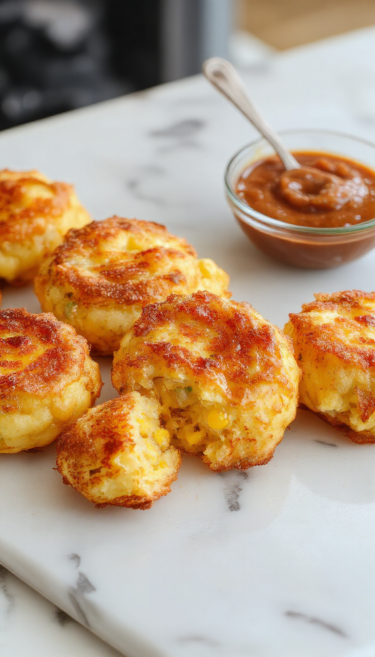 Golden crispy cheesy corn fritters served on a rustic plate with dipping sauce and fresh herbs garnish.