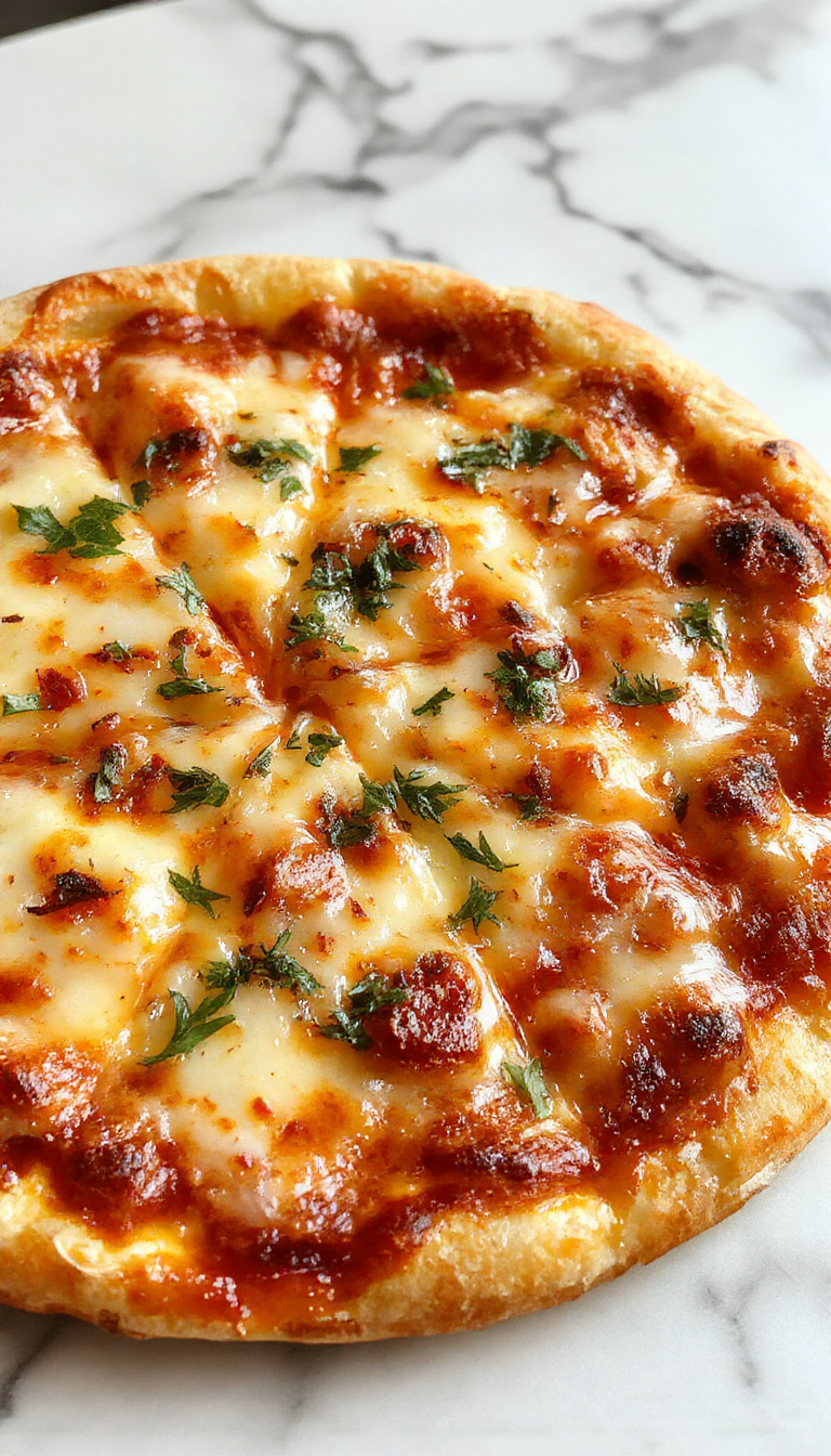 A delicious slice of crustless pizza with melted cheese, colorful toppings, and a golden-brown edge on a white plate.