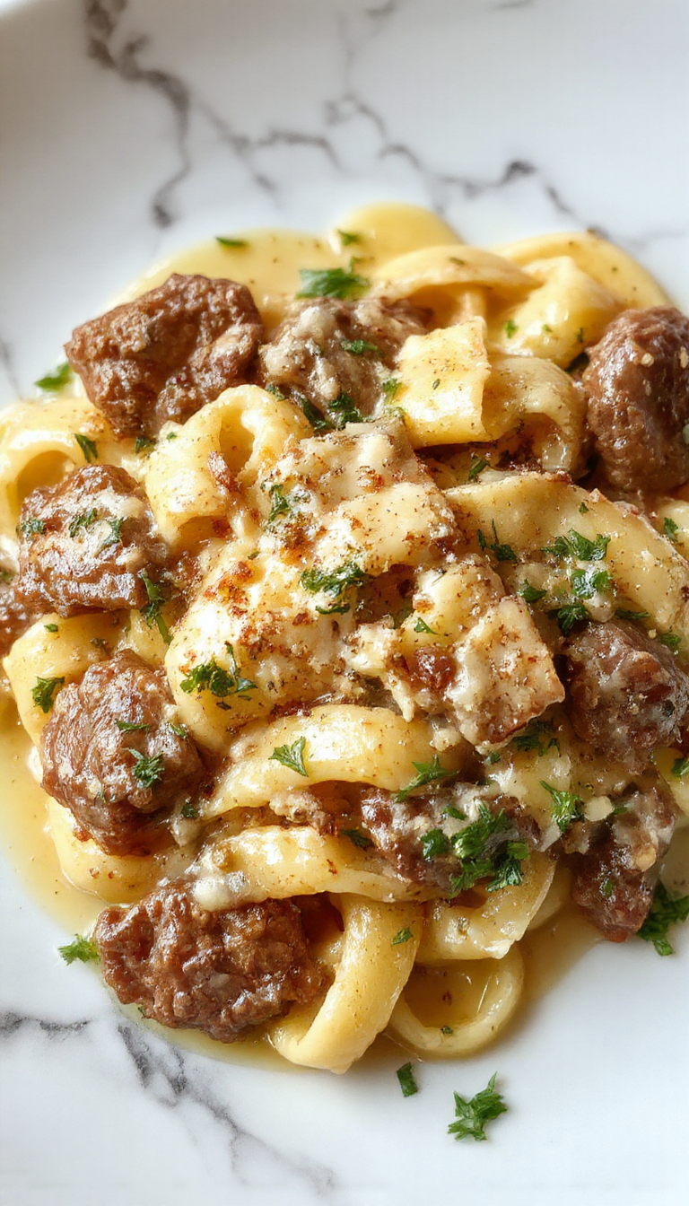 A bowl of creamy Parmesan beef rigatoni topped with grated cheese and fresh herbs, served on a rustic wooden table.