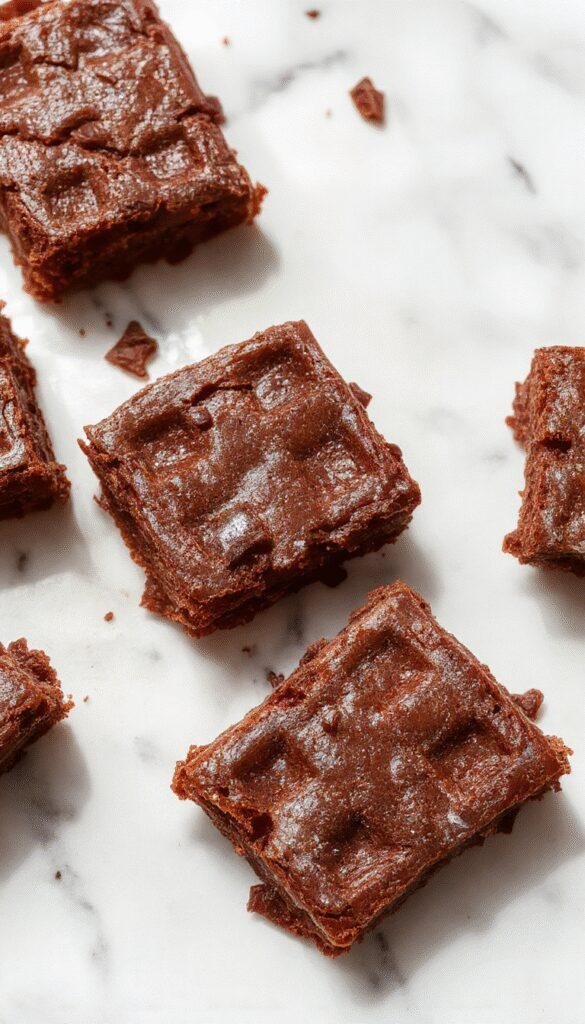 Close-up of rich, fudgy flourless waffle brownies drizzled with chocolate sauce and topped with powdered sugar, displayed on a rustic plate.