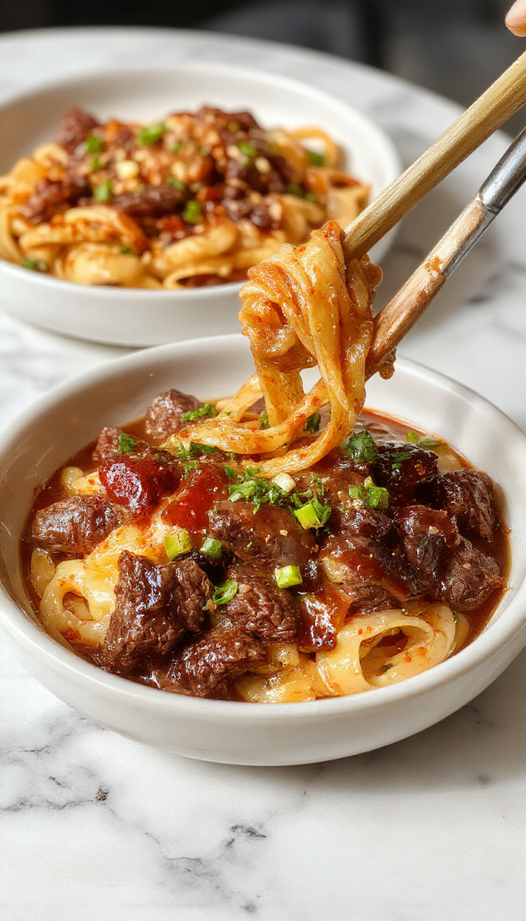 A vibrant bowl of glazed beef noodles garnished with fresh herbs, featuring tender beef slices coated in glossy sauce with colorful vegetables
