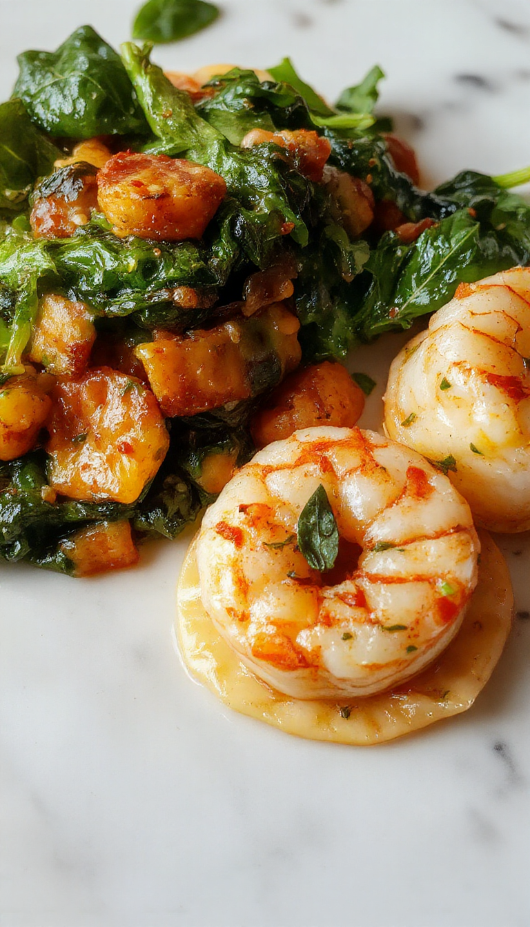A bowl of Divine Shrimp and Spinach Tortellini with fresh shrimp, vibrant spinach, and creamy sauce garnished with herbs on a white plate.