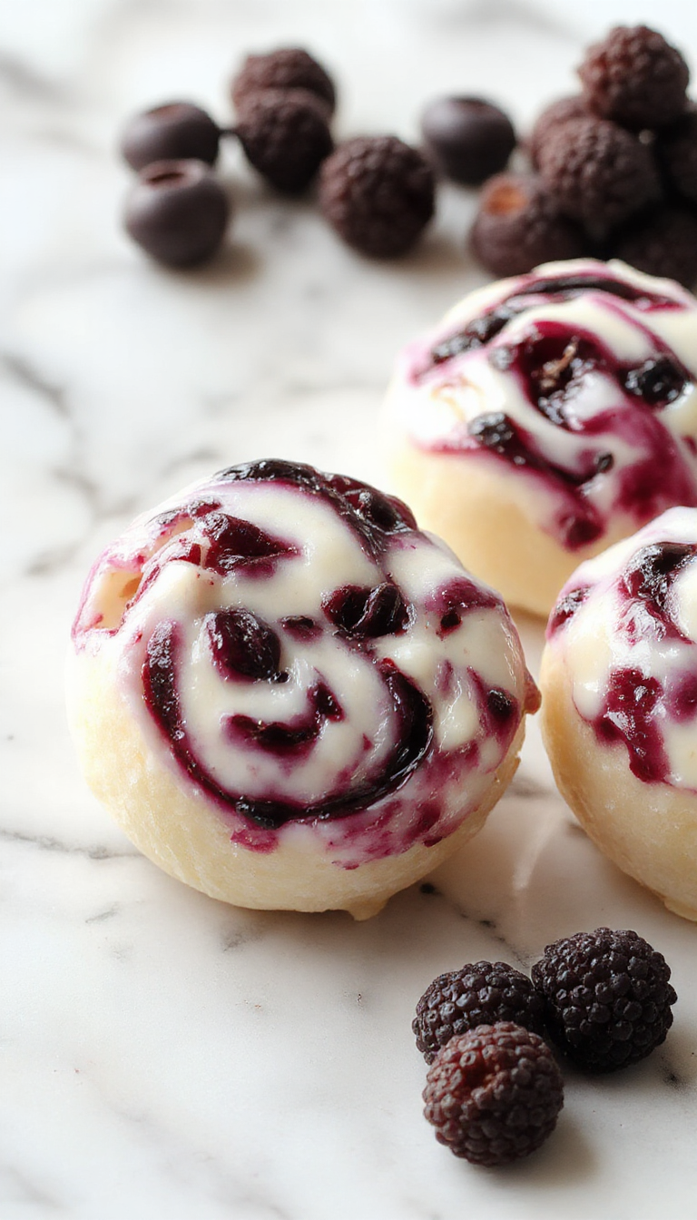 Close-up of divine swirled blueberry yogurt bites arranged on a white plate, showcasing their colorful swirls and creamy texture.