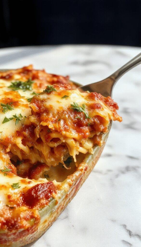 A bubbling baked spaghetti casserole topped with melted cheese and fresh herbs, served in a warm baking dish.