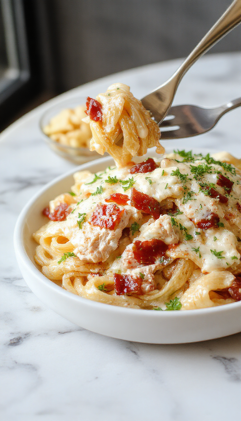 A close-up of a creamy chicken bacon ranch pasta dish garnished with fresh herbs, served on a white plate.
