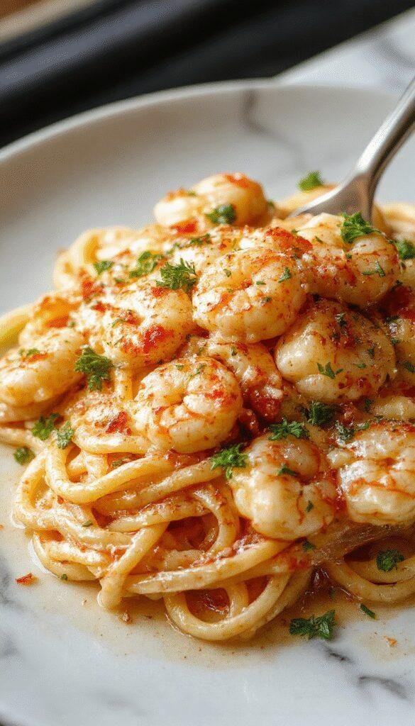 A close-up of a creamy garlic shrimp pasta dish garnished with fresh herbs on a white ceramic plate.