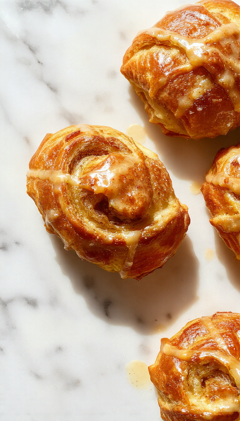 A freshly baked croissant bake with golden, flaky layers topped with powdered sugar and berries, served in a rustic dish.