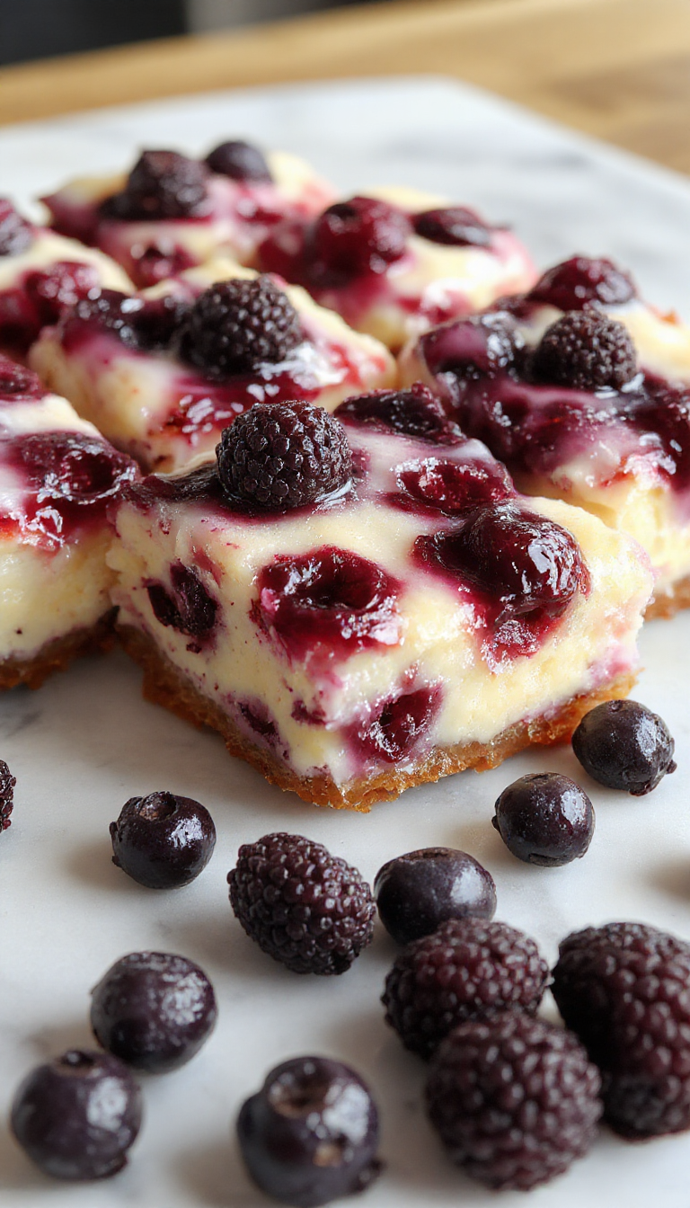 A close-up of a slice of Blueberry Cheesecake Bars on a plate, showcasing creamy filling topped with fresh blueberries and a crumbly crust.