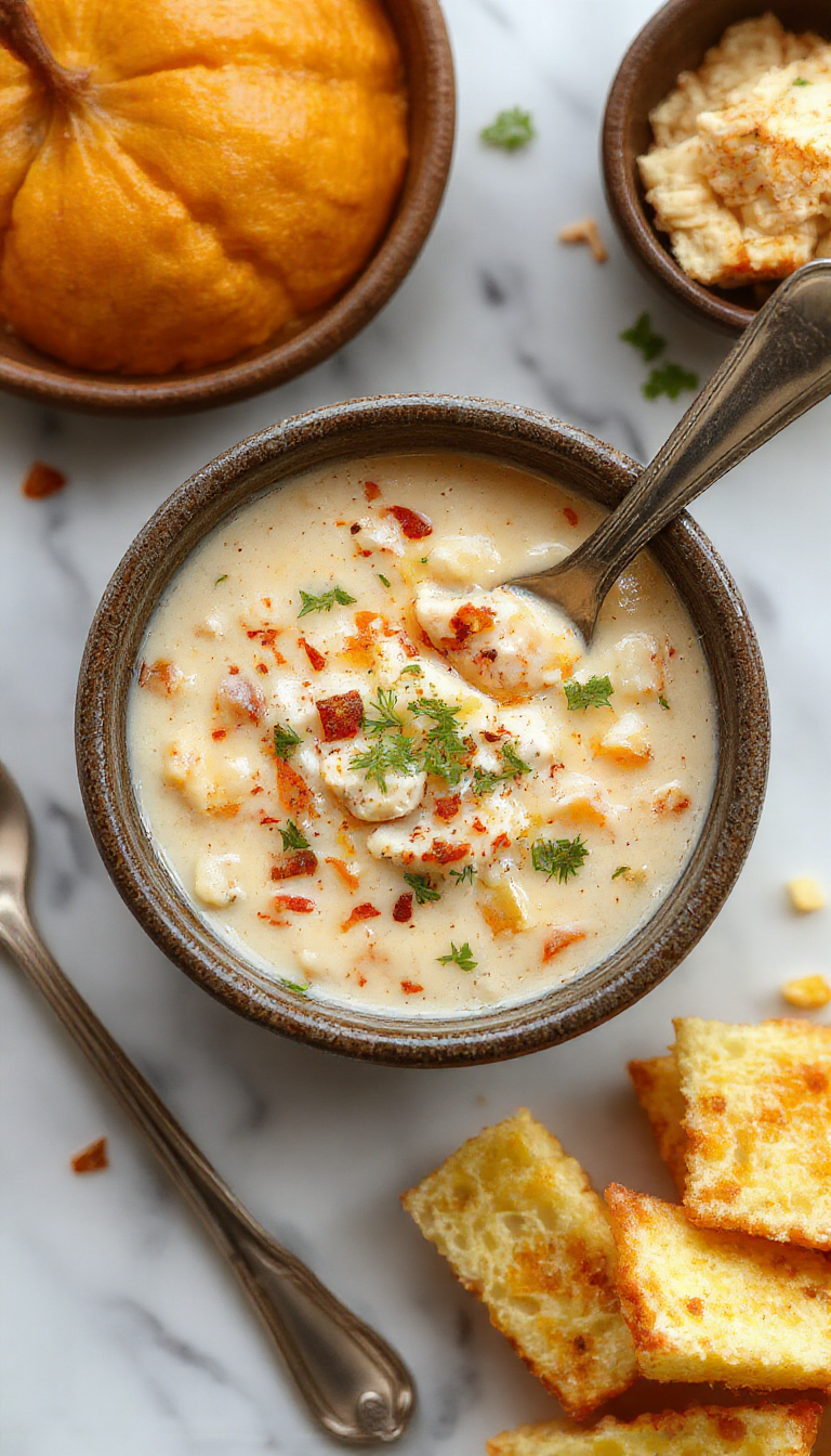A warm bowl of creamy white chicken chili garnished with fresh herbs and a side of crusty bread, set on a cozy autumn table.