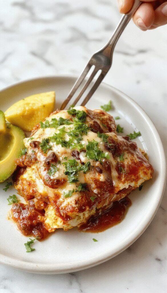 A colorful platter of Effortless Enchilada Fiesta featuring layered enchiladas topped with melted cheese, fresh cilantro, and side of salsa.