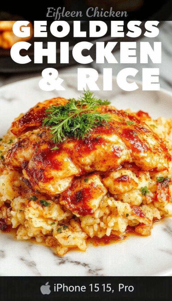 Golden chicken served over fluffy rice on a skillet, garnished with herbs, showcasing a simple and delicious one-pan meal.