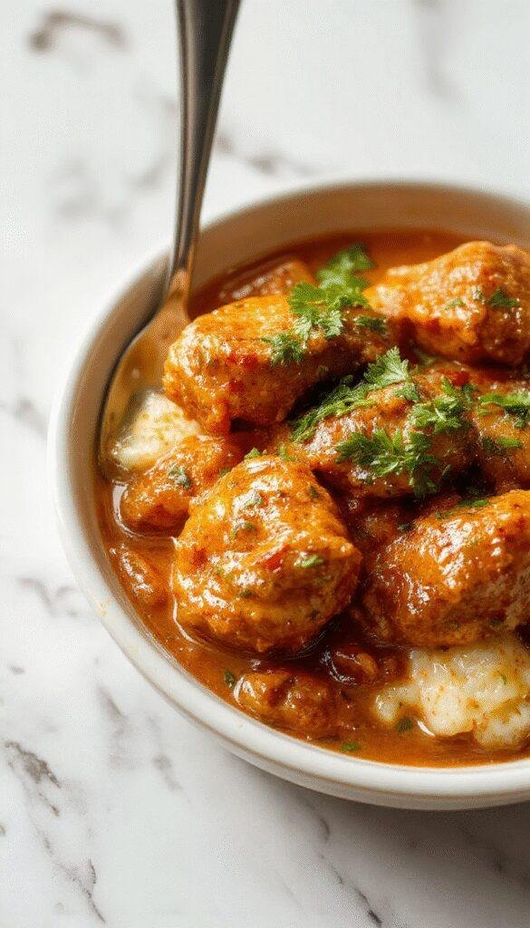 A plate of creamy homemade butter chicken garnished with fresh cilantro, served with steaming basmati rice and naan bread.