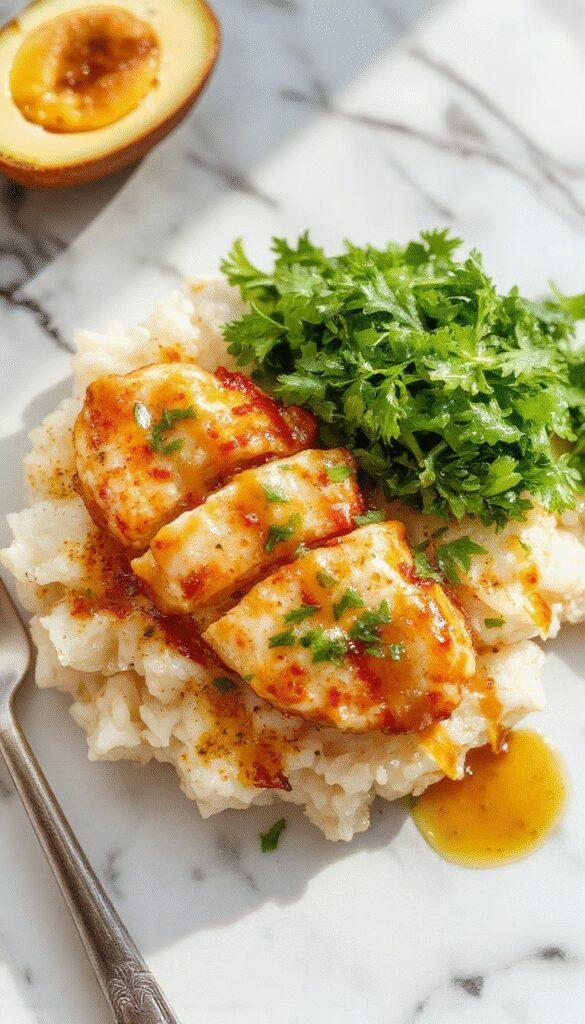 A plate of golden grilled chicken drizzled with honey mustard sauce, served alongside fluffy rice and fresh herbs, perfect for a quick weeknight dinner.