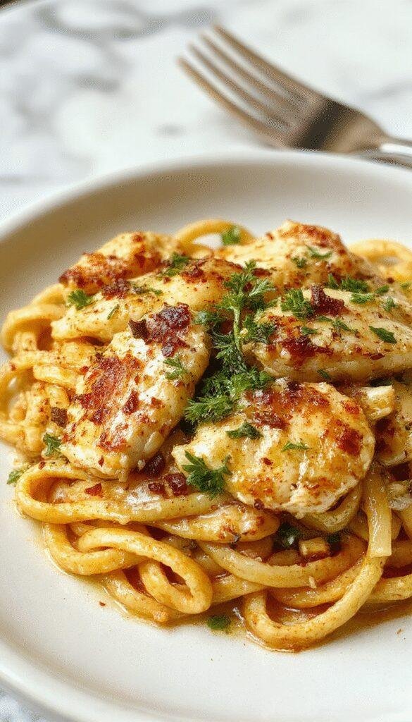 A plate of honey pepper chicken pasta garnished with fresh herbs, featuring tender chicken pieces, spiral pasta, and a glossy honey pepper sauce.
