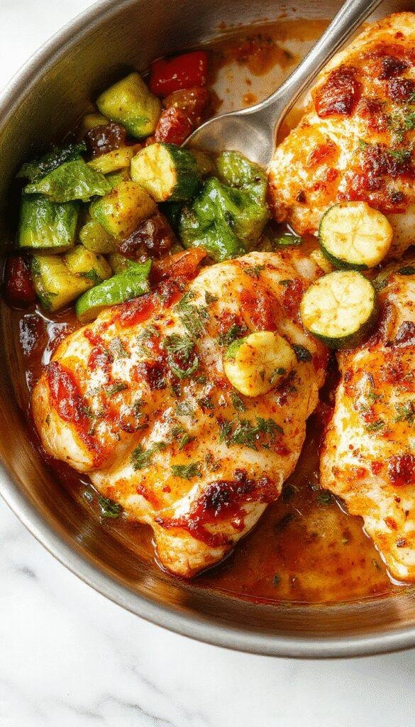 A vibrant plate of Mediterranean chicken and zucchini cooked in a single pan, garnished with fresh herbs and lemon slices.