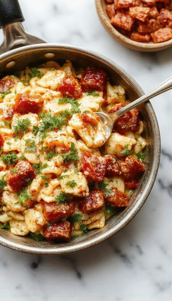 A vibrant bowl of cooked orzo pasta mixed with colorful vegetables and herbs on a wooden table