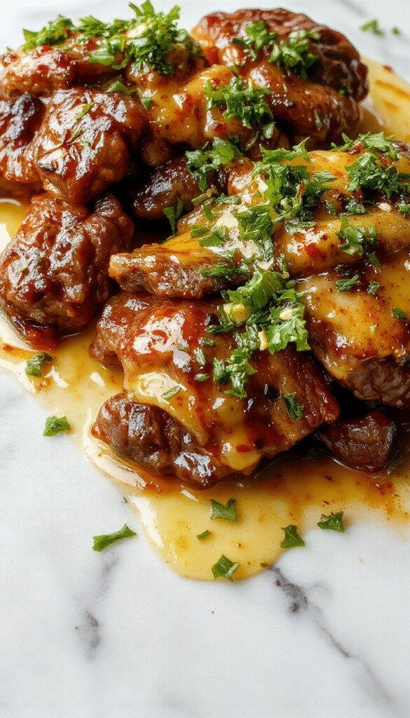 A plate of Effortless Power Bites featuring tender garlic butter beef pieces garnished with fresh herbs, served with a side of vegetables.