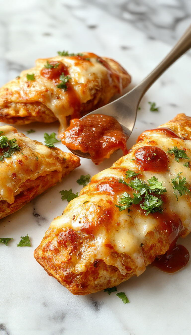 Golden crispy pizza pockets filled with colorful vegetables and melted cheese, fresh from the oven.