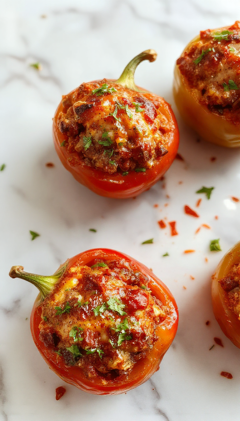 Colorful stuffed bell peppers on a plate, filled with rice, vegetables, and melted cheese, garnished with fresh herbs.