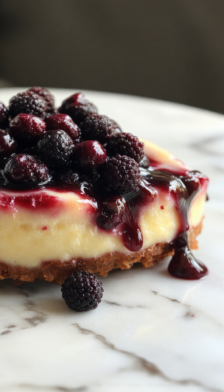 A stunning slice of Enchanted Midnight Blueberry Cheesecake on a decorative plate, topped with fresh blueberries and a dark, glossy glaze.